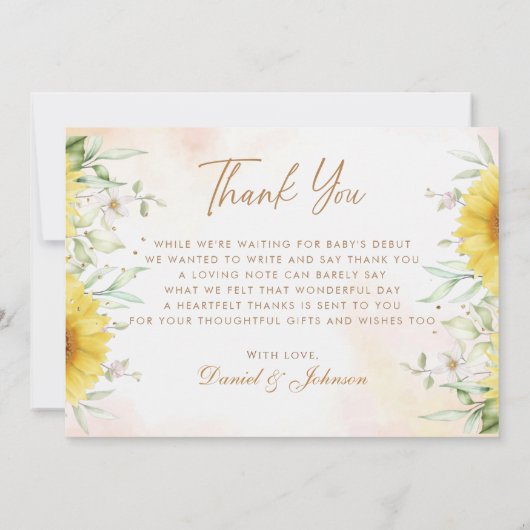 Moderne, einfache Sonnenblumengrün Babydusche Dankeskarte (Rückseite)