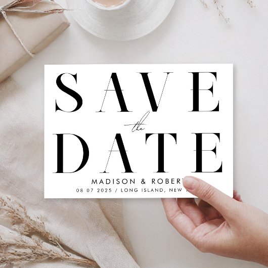 Moderne, einfache, stilvolle Schwarz-Weiß-Hochzeit Save The Date