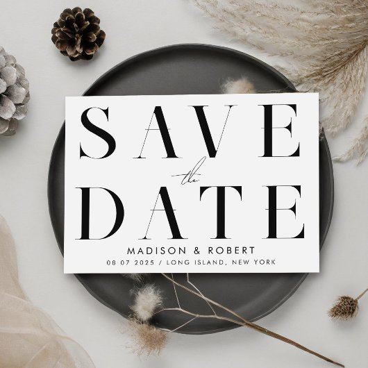 Moderne, einfache, stilvolle Schwarz-Weiß-Hochzeit Save The Date