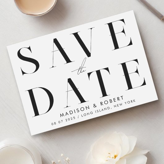 Moderne, einfache, stilvolle Schwarz-Weiß-Hochzeit Save The Date