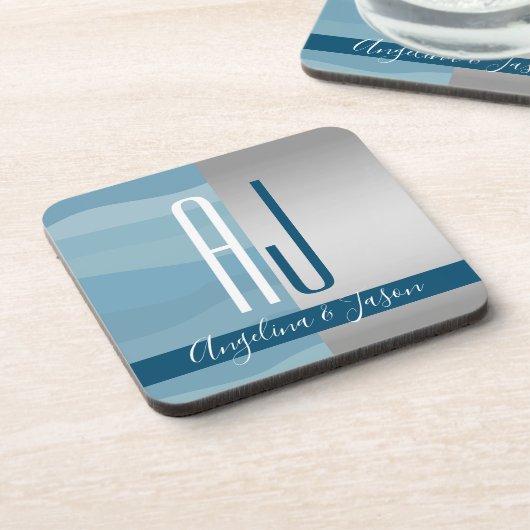 Moderne, einfache, stylische Blue & Silver Wedding Getränkeuntersetzer (Linke Seite)