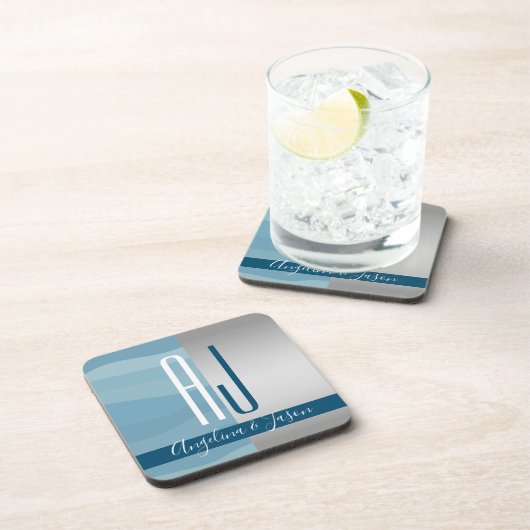 Moderne, einfache, stylische Blue & Silver Wedding Getränkeuntersetzer (Rechte Seite)