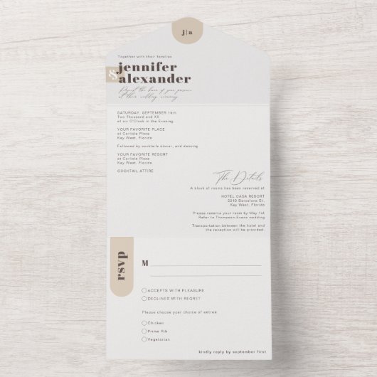 Moderne, einfache Taupe Hochzeit alles in einem In All In One Einladung (Innen)