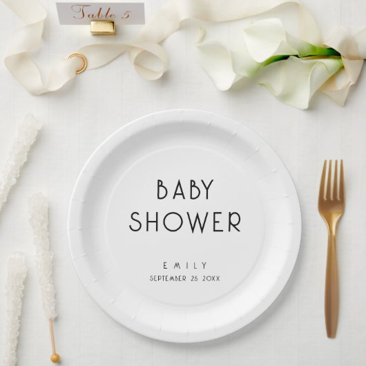 Moderne, einfache Text-Schwarz-Weiß-Babydusche Pappteller (Hochzeit)