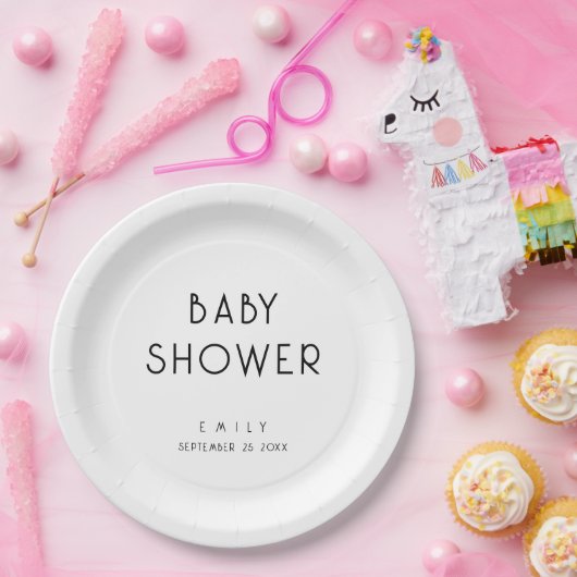 Moderne, einfache Text-Schwarz-Weiß-Babydusche Pappteller (Party)