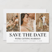 Moderne einfache Typografie 3 Foto Collage Wedding Save The Date (Vorderseite)