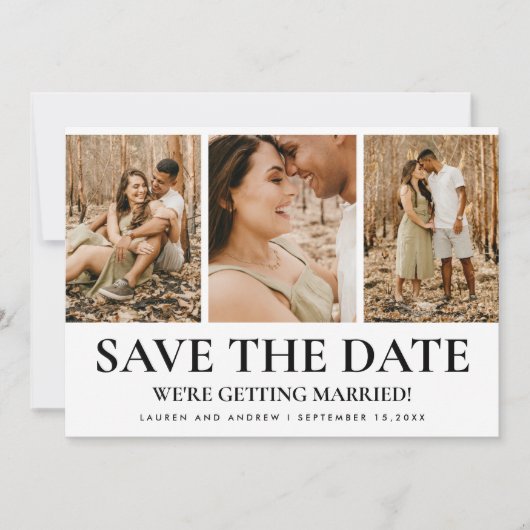 Moderne einfache Typografie 3 Foto Collage Wedding Save The Date (Vorderseite)