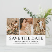 Moderne einfache Typografie 3 Foto Collage Wedding Save The Date (Stehend Vorderseite)