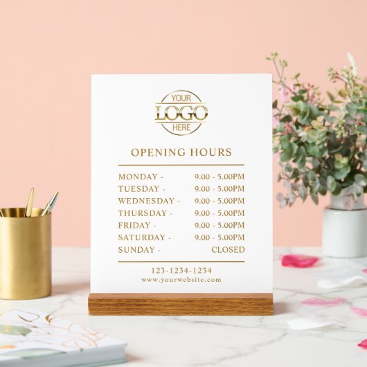 Moderne, einfache Weiß-Gold-Business-Öffnungszeite Acrylschild (Hochzeit)