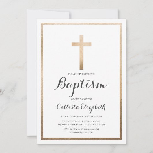 Moderne einfache weiße Goldtaufe Einladung (Vorderseite)