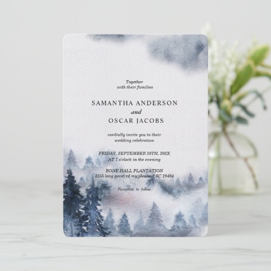 Moderne, einfache Winterblau- und Weißwaldeinladun Einladung (Stehend Vorderseite)
