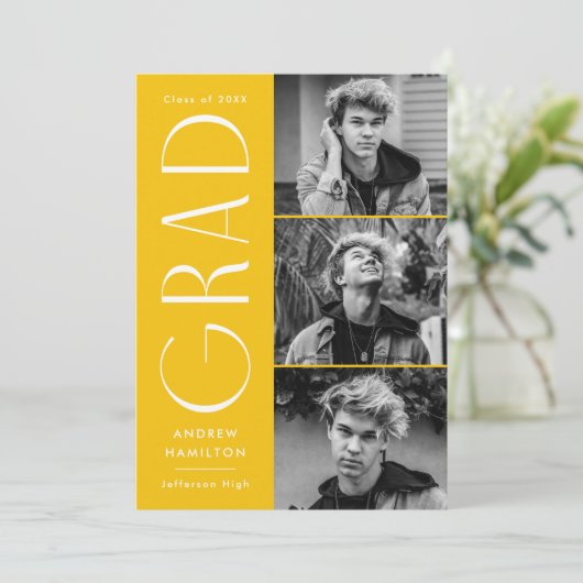 Moderne Einfachheit Gelb 3 Foto Abschluss Ankündigung (Stehend Vorderseite)