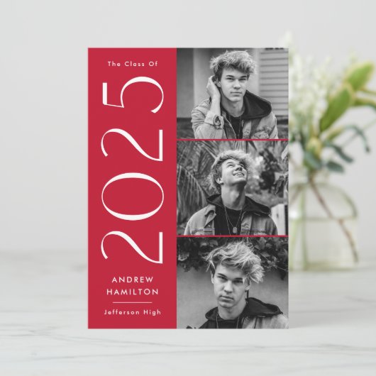 Moderne Einfachheit Rot 3 Foto 2025 Abschluss Ankündigung (Stehend Vorderseite)