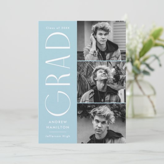 Moderne Einfachheit Sky Blue 3 Foto Abschluss Ankündigung (Stehend Vorderseite)