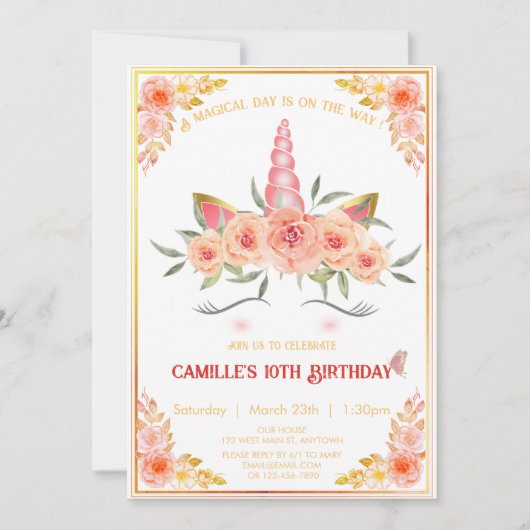 Moderne Einhornwand mit Blumengeschmack Geburtstag Einladung (Vorderseite)