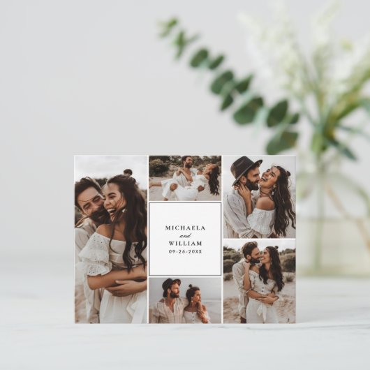 Moderne Einladung zu 5-Foto Hochzeiten Postkarte (Stehend Vorderseite)