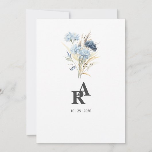 Moderne Einladung zur Hochzeit mit blauer Blauer F (Rückseite)