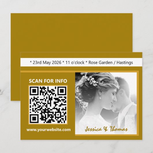 Moderne Einladung zur Hochzeit, QR-Code, Foto, Gol (Vorne/Hinten)