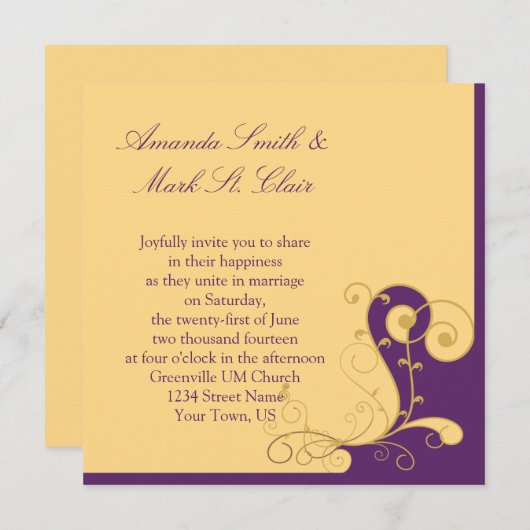 Moderne Einladung zur Lila Hochzeit und Goldene Ho (Vorne/Hinten)