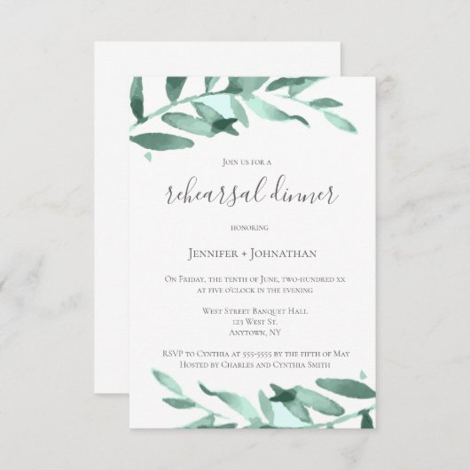 Moderne Einladungen zur Probe mit grünem Kranz (Vorne/Hinten)