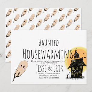 Moderne Einweihungsparty mit Grusel-Haus-Doodle Einladung