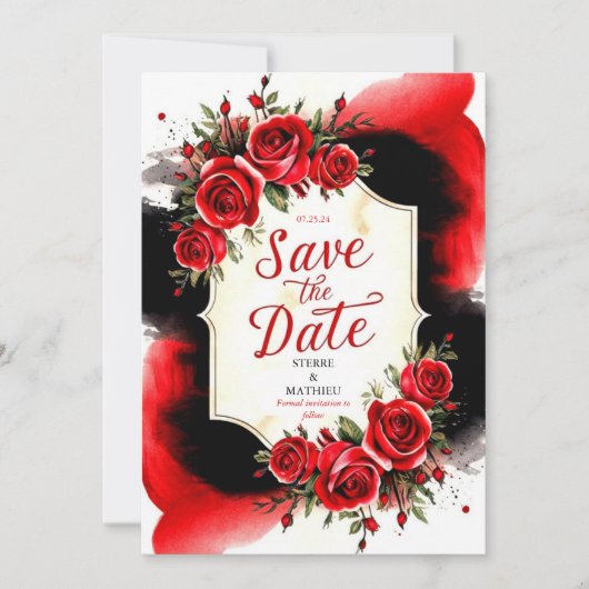 Moderne, einzigartige Crimson-Rote Rosen Hochzeit Save The Date (Vorderseite)