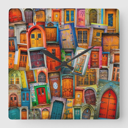 Moderne einzigartige Vintage Tür-Kunst-Fotografie Quadratische Wanduhr (Vorderseite)