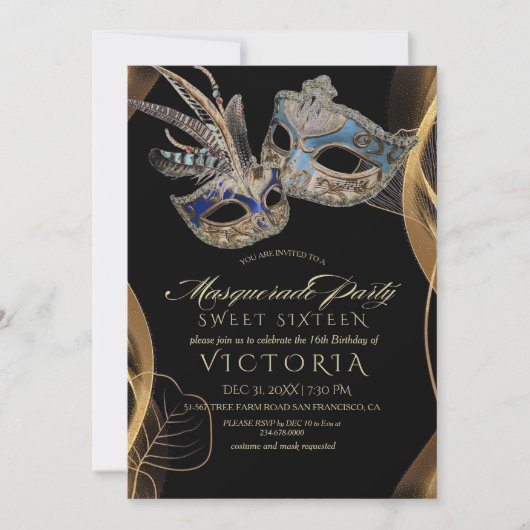 Moderne Elegan Black Gold Masquerade 16. Geburtsta Einladung (Vorderseite)
