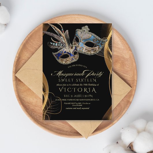 Moderne Elegan Black Gold Masquerade 16. Geburtsta Einladung