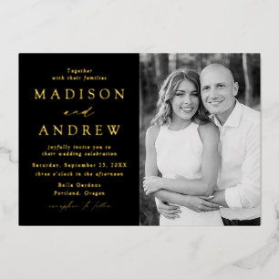 Moderne Elegance Black and Gold Foto Wedding Folieneinladung
