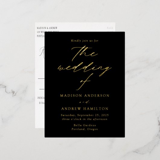 Moderne Elegance Black and Gold Wedding Folie Einladungspostkarte (Vorderseite/Rückseite)