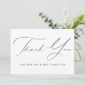 Moderne Elegance Black Script Wedding Dankeskarte (Stehend Vorderseite)