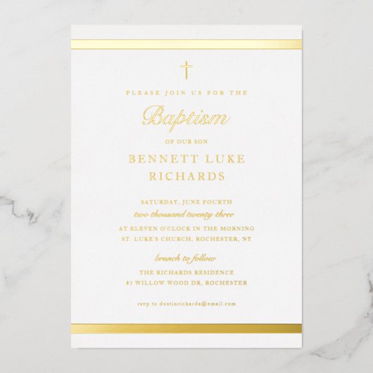 Moderne Elegance Boys Taufe Gold Folieneinladung (Vorderseite)