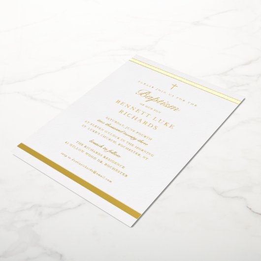 Moderne Elegance Boys Taufe Gold Folieneinladung (Gedreht)