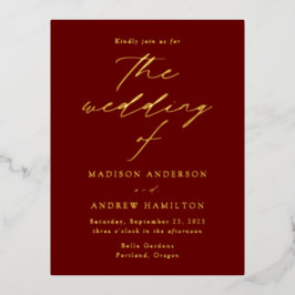 Moderne Elegance Burgund und Gold Wedding Folie Einladungspostkarte