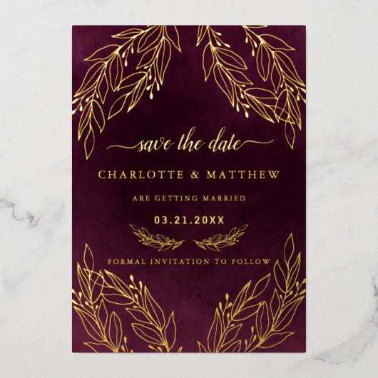 Moderne Elegance Burgundy Save the Date Folieneinladung (Vorderseite)