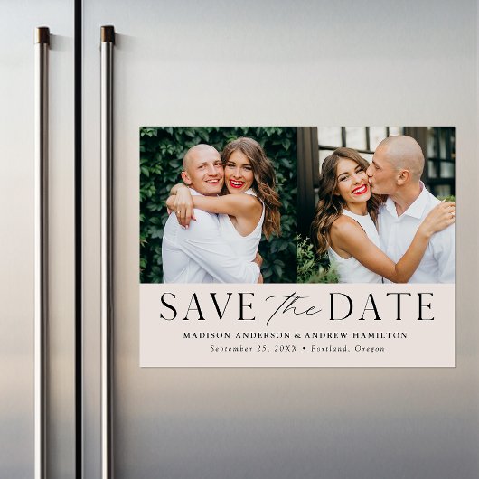 Moderne Elegance Creme Zwei Fotos Save the Date Magneteinladung