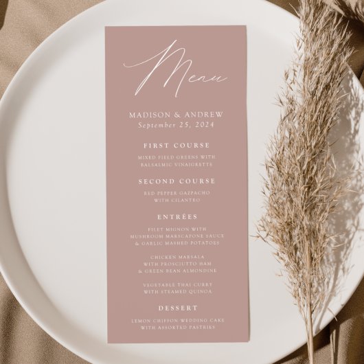 Moderne Elegance Dusty Rose Wedding Menükarte