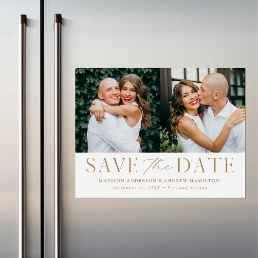 Moderne Elegance Gold Zwei Fotos Save the Date Magneteinladung