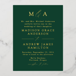 Moderne Elegance Monogram Green and Gold Wedding Folie Einladungspostkarte