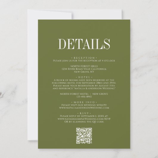 Moderne Elegance Olive Green QR Code Hochzeit Einladung (Rückseite)