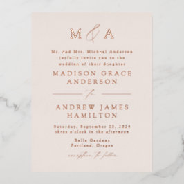 Moderne Elegance Rose Gold Monogram Wedding Folie Einladungspostkarte