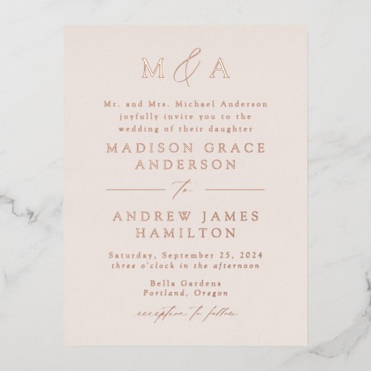 Moderne Elegance Rose Gold Monogram Wedding Folie Einladungspostkarte (Vorderseite)