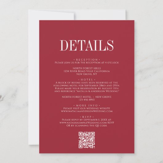 Moderne Elegance Ruby Red QR Code Wedding Einladung (Rückseite)