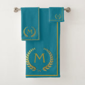 Moderne Elegant Aquamarin Gold Chic Monogrammiert Badhandtuch Set (Insitu)