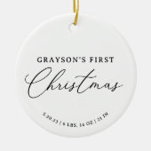 Moderne Elegant Baby Birth Stats Erste Weihnachten Keramik Ornament (Vorne)