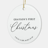 Moderne Elegant Baby Birth Stats Erste Weihnachten Keramik Ornament (Links)