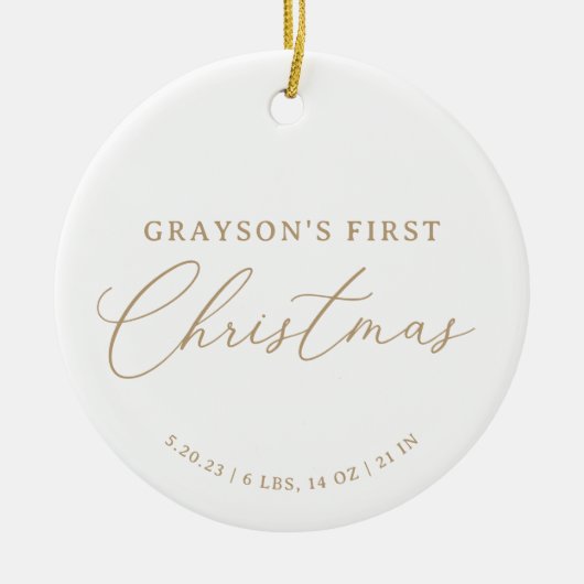 Moderne Elegant Baby Birth Stats Erste Weihnachten Keramik Ornament (Vorne)