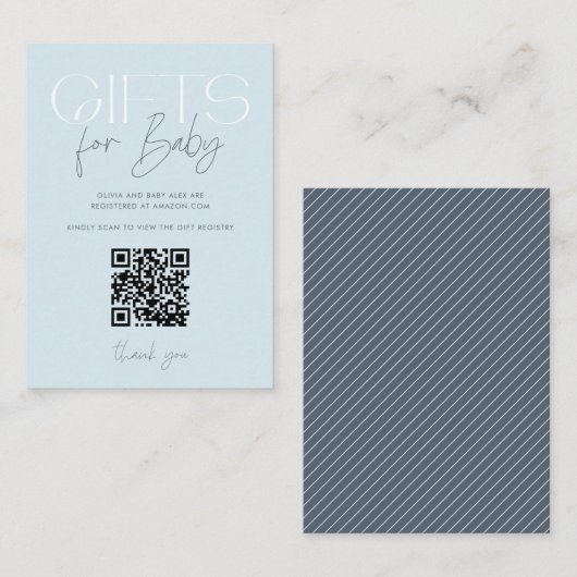 Moderne Elegant Blue Gifts Baby Dusche QR Code Begleitkarte (Vorne/Hinten)
