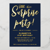 Moderne Elegant Blue & Gold 21. Überraschung Gebur Folieneinladung (Vorderseite)